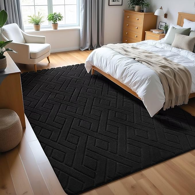 Ultra Soft Black Area Rug for Living Room, 5x7 Modern Geometric Shag Rugs with Nonslip Backing for Bedroom, Washable Fuzzy Carpet for Cozy Kids Room Nursery