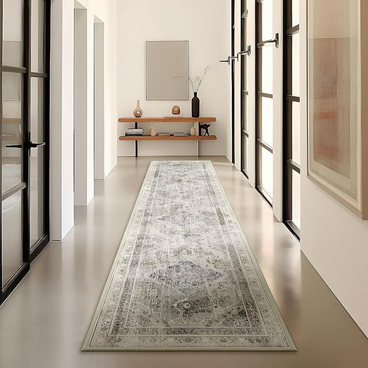 Phantoscope Hallway Runner Rug 2'x8' - Boho Washable Non-Slip Kitchen Rug Runner, Ultra-Thin Vintage Distressed Accent Throw Rug for Entryway Laundry Bathroom Bedroom, Grey/Dull Teal