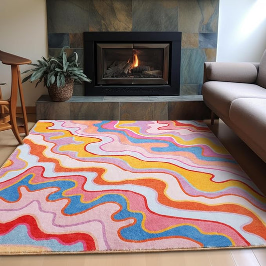 Vintage Abstract 4x6 Area Rug Ultra Thin Light Weight Funky Aesthetic Colorful Striped Non-Slip Living Room Rug Washable Throw Carpet for Kitchen Entryway Bedroom, Orange and Blush