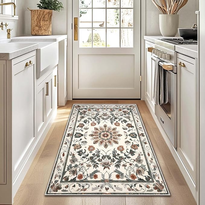 3x5 Entryway Rug Boho Leaf Beige Area Rug Indoor Entrance Non Slip Door Mat Stain Resistant Washable Machine Soft Low Pile Small Carpet Bathroom Kitchen