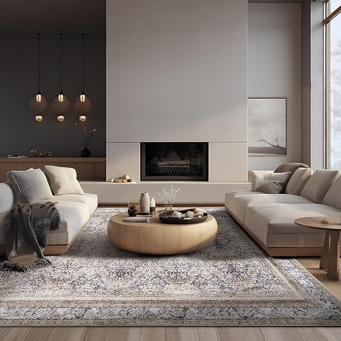 Phantoscope Vintage Collection Area Rug 9'x12' - Washable Rug Boho Rugs Non-Slip for Living Room, Bedroom, Dining Room, Dorm, Indoor Low-Pile Carpet Distressed Accent Rug, Light Brown