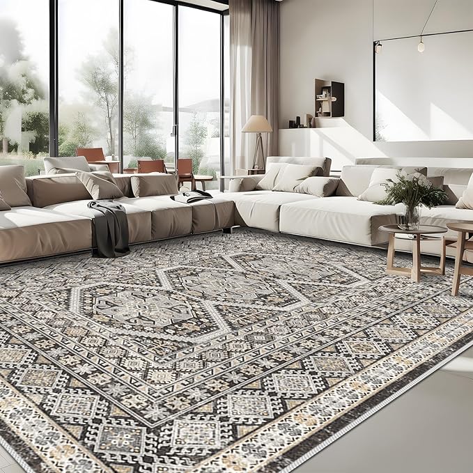 Washable Living Room Area Rug: 9x12 Large Super Soft Vintage Rugs Bedroom Oriental Indoor Rug Water Resistant Ultra Thin Carpet Non-Slip Backing Distressed Rugs for Kitchen 9x12 Black