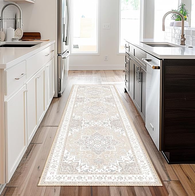 BESTSWEETIE 2x3 Area Rugs for Living Room, Washable Ultra Soft Boho Vintage Print Pattern Rug Non Slip Low Pile Carpet for Dining Room Bedroom Entryway Indoor-Cream/Light Ivory/Beige