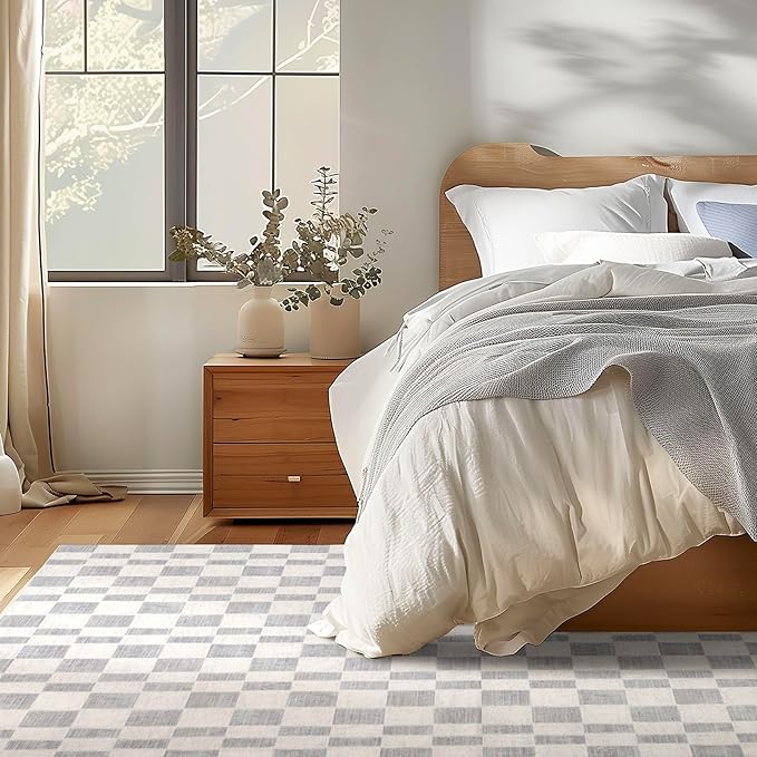 EVERGRACE Checkered Plaid Area Rug 5x7, Soft Fuzzy Faux Wool Rugs Washable Anti Slip Rugs Large Rug Carpet for Entryway Bedroom Living Room Hallway Kitchen Dining Room and Laundry Room, Light Gray