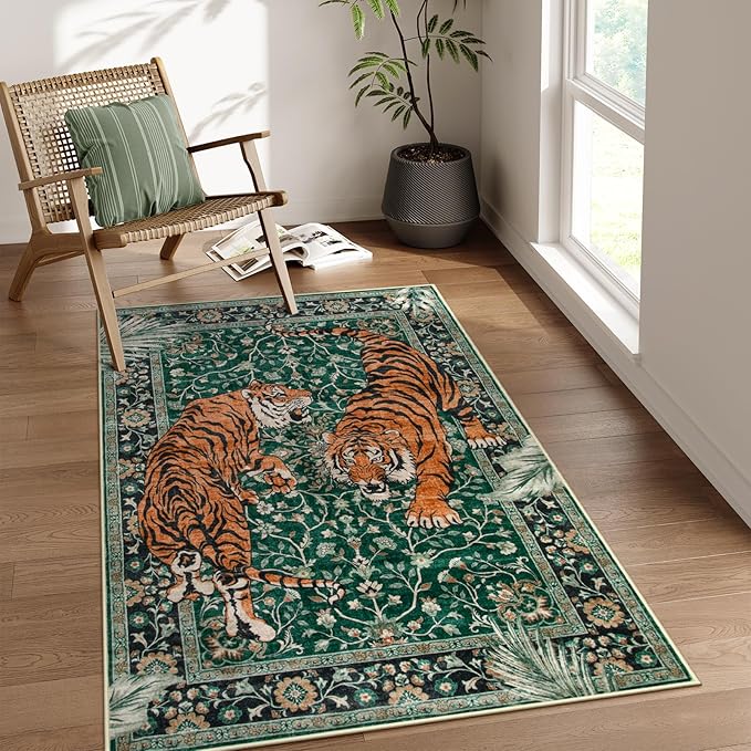 Moynesa Tiger 3x5 Washable Rug, Boho Area Rugs for Entryway, Green Non Slip Small Rug for Bedroom, Ultra Thin Botanical Soft Accent Carpet for Kitchen Entry Laundry Room