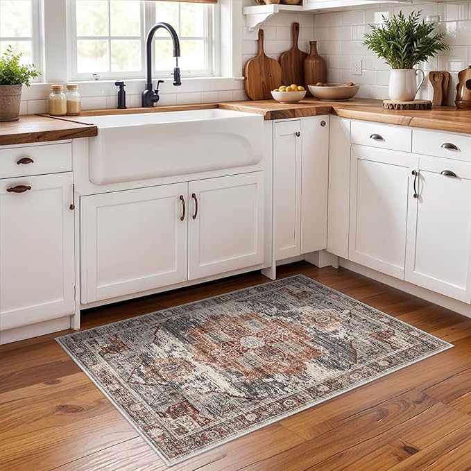 RUUGME Washable 2x3 Area Rugs - Large Boho Rugs for Living Room Stain Resistant Carpet Vintage Tribal Rugs for Bedroom Kitchen Bathroom with Non Slip Backing Home Decor Floor Decoration Mat 2x3 Brick