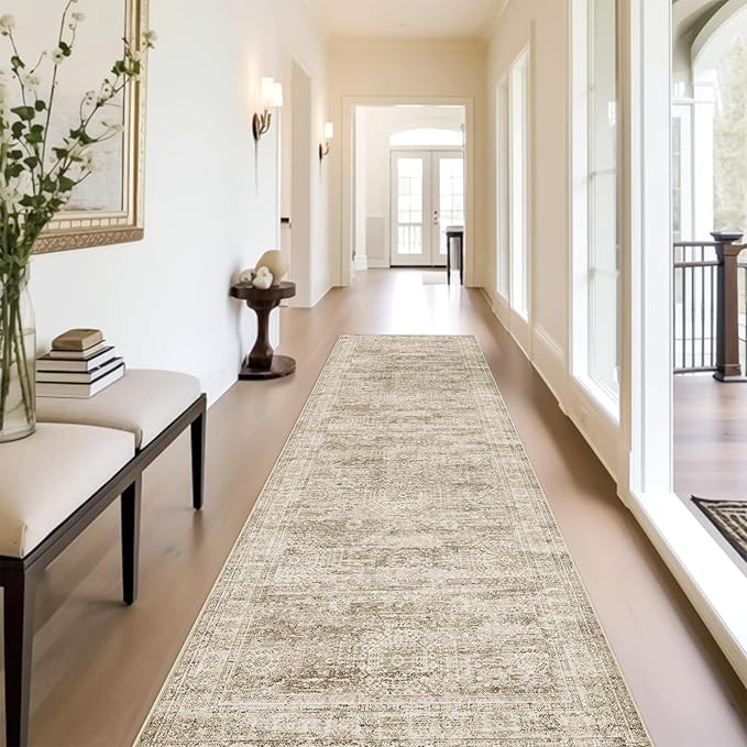 Runner Rug 2'6" x 12' Washable Non-Slip Runner Rugs for Kitchen Bathroom Laundry Room Vintage Ultra Thin Runners for Hallway Entryway Brown