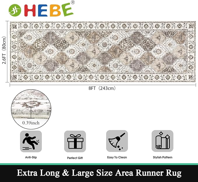 HEBE Hallway Runner Rug 2'8''x8' Washable Vintage Distressed Area Rugs Non Slip Laundry Rug Runner Boho Floor Carpet Runners for Hallways Entryway Laundry Room Kitchen Bathroom