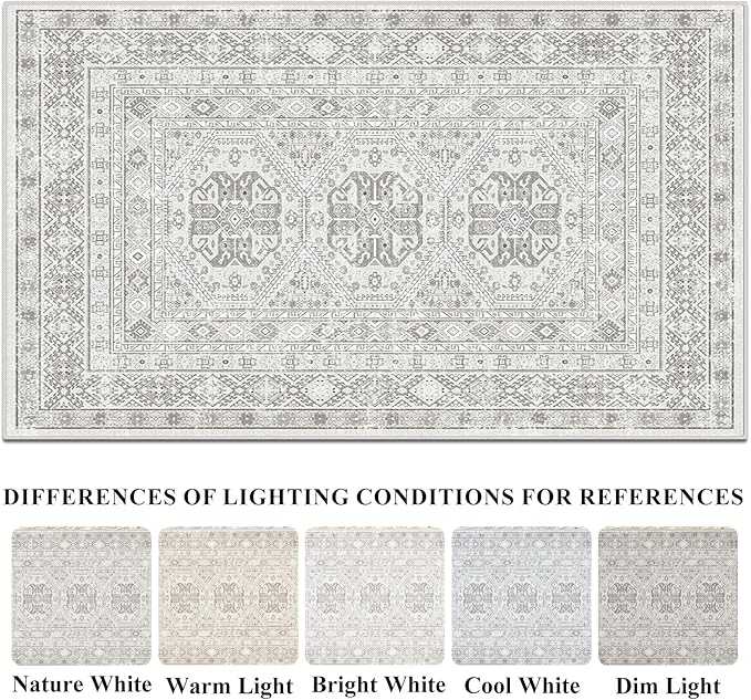 Washable Living Room Area Rug: 9x12 Large Super Soft Vintage Rugs Bedroom Oriental Indoor Rug Water Resistant Ultra Thin Carpet Non-Slip Backing Distressed Rugs for Kitchen 9x12 Grey