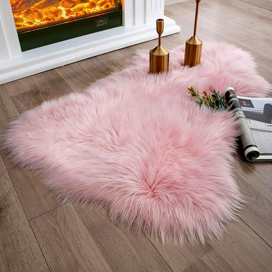 Ashler Faux Fur Area Rug - Fluffy Shaggy Sheepskin 2 x 3 Feet, Pink Fuzzy Machine Washable Shag - Nursery Decor Throw for Bedroom, Kids Room, Living Room