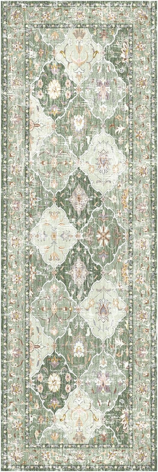 Boho Vintage Area Rugs 2×6 Washable Non-Slip Traditional Green Runner Rug for Hallway Kitchen Entryway
