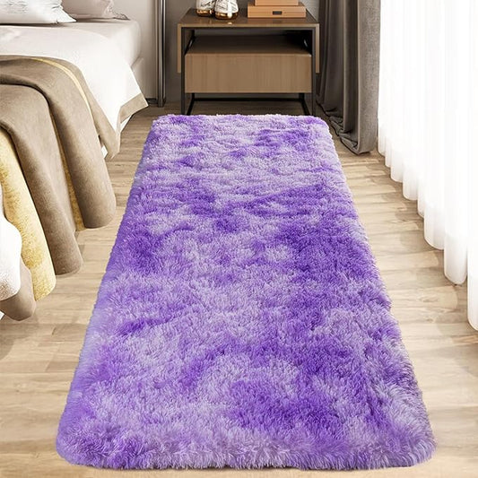 Zentavio Bedside Rugs for Girls Room 2x6 Runner Rugs for Hallway Bedroom Non Slip Fluffy Soft Shaggy Carpet for Kids Home Decor Aesthetic Dorm Nursery Tie-Dyed Purple
