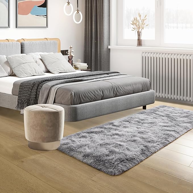 Tepook Fluffy Runner Rugs for Bedroom Aesthetic 2x6 Feet, Shag Soft Bedside Rug with Non-Slip Bottom, Fuzzy Plush Carpet for Room, Hallway Rug for Nursery Dorm Indoor Home Decor, Tie-dye Light Grey