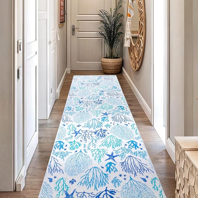 Carvapet Rugs for Hallway Laundry Bedroom, Modern Floral Low Pile Long Carpet with Rubber Backing, Foldable, Non Slip Machine Washable (10 x 3 Feet Rectangular, Sea World Runner Rug)