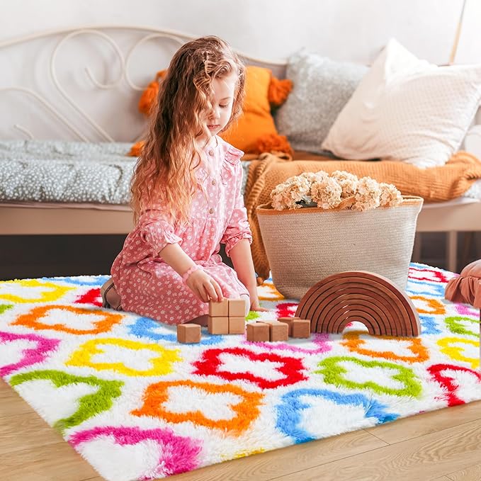 Tepook Fluffy Colorful Rug for Kids, Shaggy Soft Rainbow Area Rugs for Girls Bedroom, Indoor Modern Geometric Moroccan Rugs Plush Girls Kids Rug for Playroom Teens Room Nursery Home Decor, 4 X 6 ft