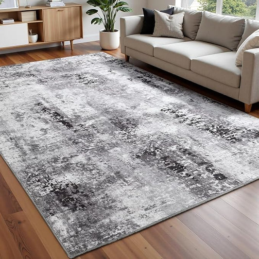 Washable Abstract Rug, 8x10 Modern Area Rugs with Non-Slip Rubber Backed for Living Room, Thin but Soft Contemporary Carpet Kitchen Bedroom Dining Room Decor, Dark Grey