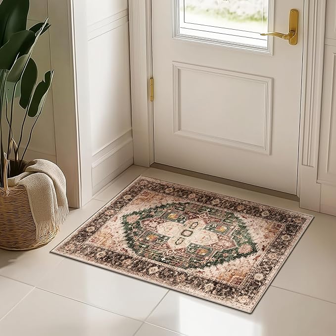 Washable 2x3 Area Rugs, Rugs for Living Room, Low-Pile Water&Stain Resistant Carpet Vintage Distressed Printed Non-Slip Carpet for Bedroom Bathroom Kitchen-Green