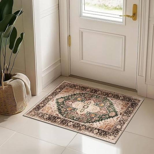 Washable 2x3 Area Rugs, Rugs for Living Room, Low-Pile Water&Stain Resistant Carpet Vintage Distressed Printed Non-Slip Carpet for Bedroom Bathroom Kitchen-Green
