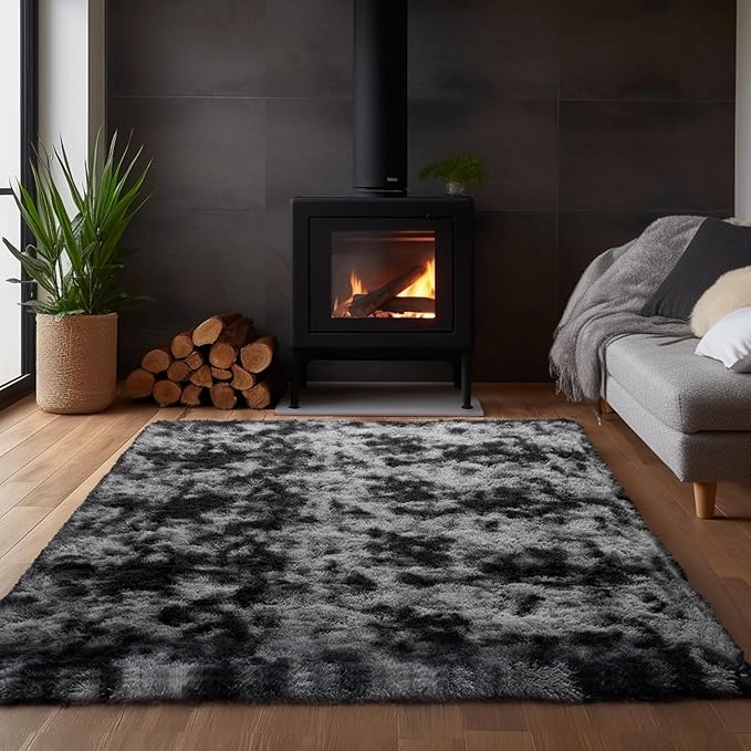 Zentavio Black and Grey Area Rugs for Living Room Men Room Carpet 4x6 Bedroom Fluffy Furry Shag Aesthetic Plush High Pile Floor Rug for Kids Room Dorm Home Decor Gray