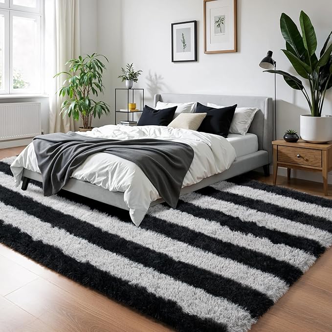 Zentavio Area Rugs for Living Room Large Rugs for Bedroom 5x8 Carpet Fluffy Fuzzy Soft Shag Aesthetic Plush High Pile Gray Throw Rug for Nursery Kids Room Dorm Horizontal Stripes Black Grey