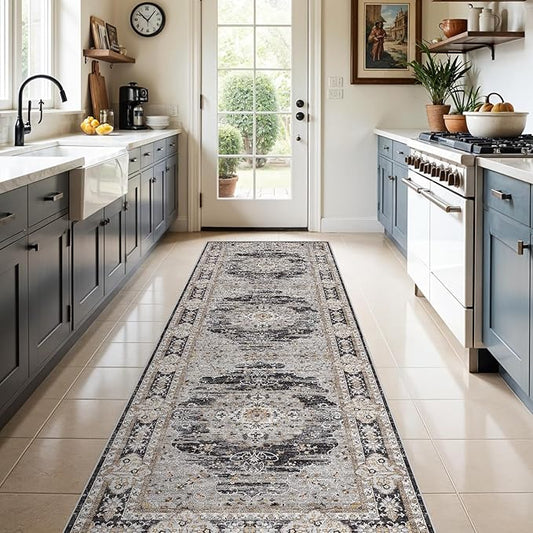 3x10 Runner Rug for Hallway Washable: Non Slip Kitchen Rugs with Rubber Backing Soft Waterproof Mats Stain Resistant Indoor Vintage Carpet Runner for Bedroom Bathroom Laundry Entryway Black/Gray