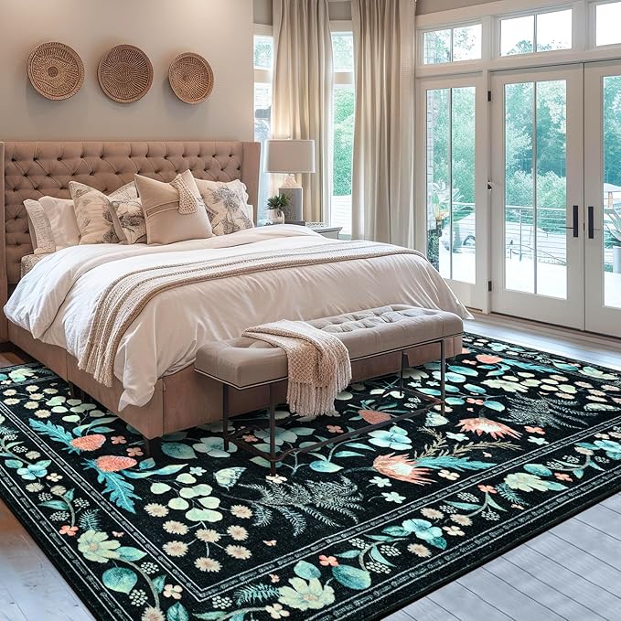 Area Rugs for Living Room, Washable 5x7 Vintage Rug for Bedroom, Non-Slip Floral Carpet for Home Office Nursery Dining Room Kitchen, Black