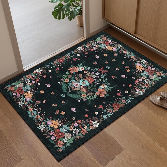 2x3 Floral Entryway Rugs Indoor Washable Rug, Black Kitchen Rugs Non Slip Bathroom Rugs Vintage Throw Rugs, Boho Front Door Rug Small Area Rugs for Bedroom Bedside Entry Entrance Sink