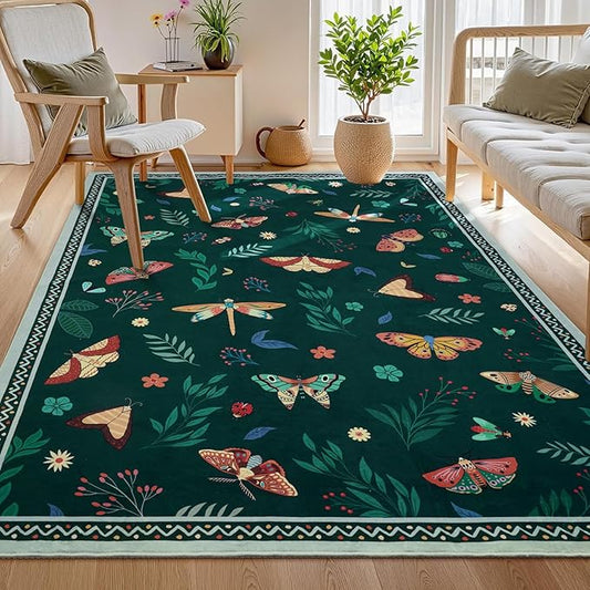 ASPMIZ Insect Area Rug 5X7, Dark Green Bedroom Rug Non Slip, Spring Summer Washable Rug Farmhouse Butterfly Living Room Rugs Low Pile, Soft Faux Wool Throw Carpet for Dining Room Office, Dark Green