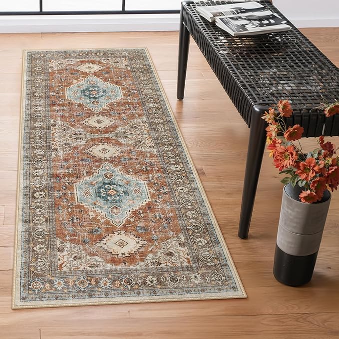 Lahome Oriental Washable Hallway Runner Rug, 2x6 Runners for Hallways Non Slip Ultra-Thin, Vintage Soft Long Carpet for Kitchen Bathroom Bedroom Laundry Room, Orange/Multi