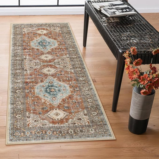 Lahome Oriental Washable Hallway Runner Rug, 2x6 Runners for Hallways Non Slip Ultra-Thin, Vintage Soft Long Carpet for Kitchen Bathroom Bedroom Laundry Room, Orange/Multi