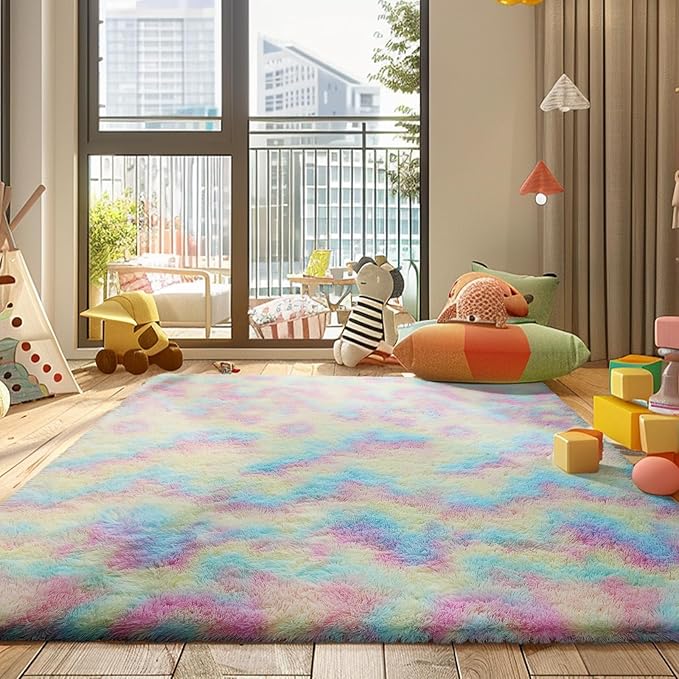 Rainbow Fluffy Rug Shaggy Area Rug, 6x9 Area Rugs for Girls Bedroom, Big Soft Shaggy Bedside Non-Slip Plush Dorm Nursery Kids Carpet Home Decor Aesthetic