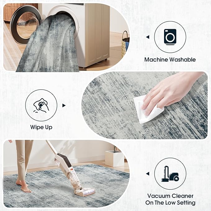 10x14 Area Rugs for Living Room: Soft Abstract Large Area Rug Non-Shedding Anti-Skid Stain Resistant Indoor Floor Modern Washable Rugs for Bedroom Dining Room Nursery Farmhouse Home Office-Blue/Ivory