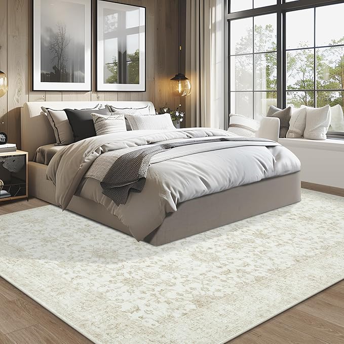 Washable Rugs 8x10 Area Rugs, Soft Vintage Living Room Rug with Anti-Skid Backing Stain Resistant Thin Indoor Carpet Large Area Rug for Bedroom Under Dining Room Table Nursery Entryway-Light Beige