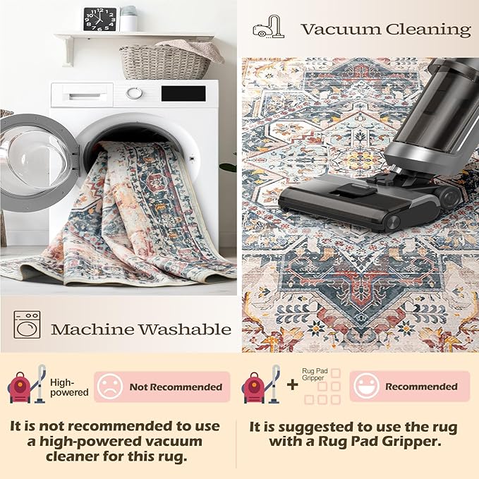 3x5 Area Rug Boho Machine Washable Living Room Rug Non Slip Low Pile Vintage Print Distressed Soft Carpet for Bedroom Diningroom Black/Yellow/Pink