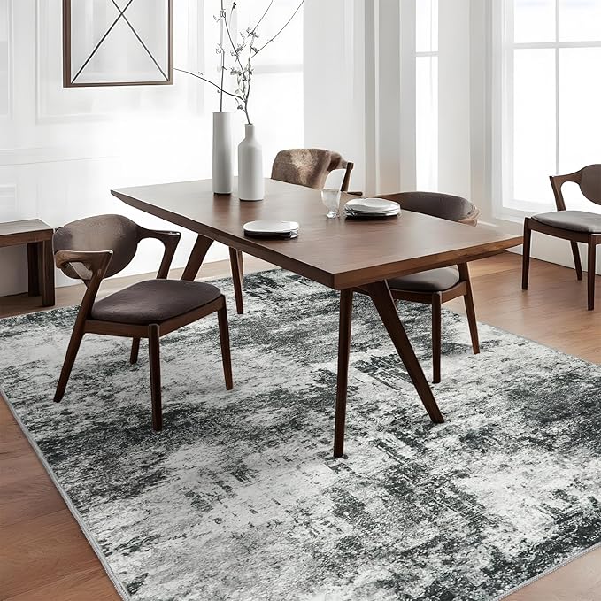 Washable 3x5 Abstract Area Rug - Large Living Room Area Rugs Modern Stain Resistant Indoor mat for Bedroom Dining Room Non Slip Rubber Backing Thin Super Soft Room Decor Floor Carpet 3x5 Black A