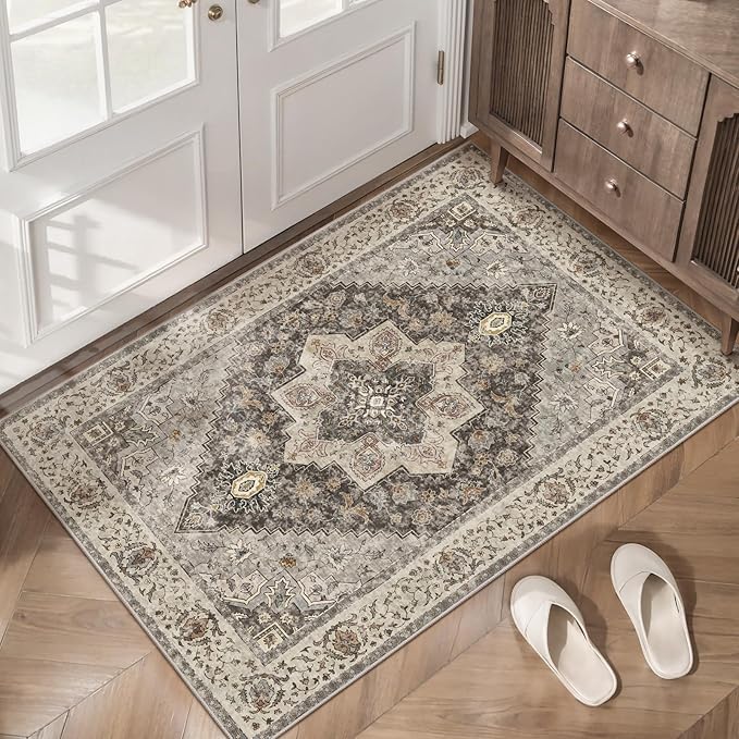 Vintage 2x3 Washable Rug for Entryway, Non Slip Small Indoor Front Door Rug, Print Distressed Grey/Brown Door Mat Carpet, Soft Low Pile Rugs for Entrance Kitchen Bedroom Bathroom