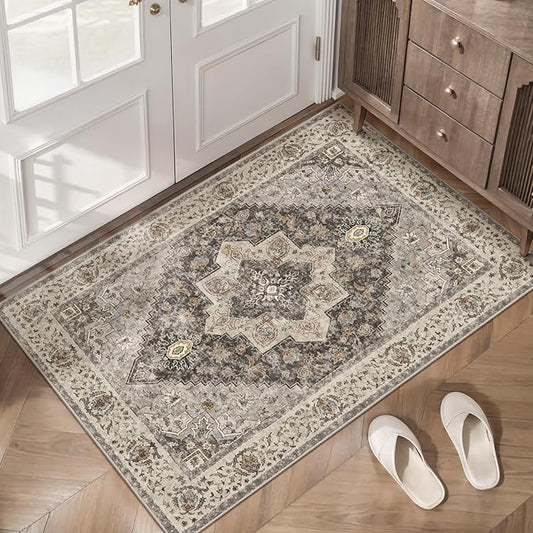 Vintage 2x3 Washable Rug for Entryway, Non Slip Small Indoor Front Door Rug, Print Distressed Grey/Brown Door Mat Carpet, Soft Low Pile Rugs for Entrance Kitchen Bedroom Bathroom