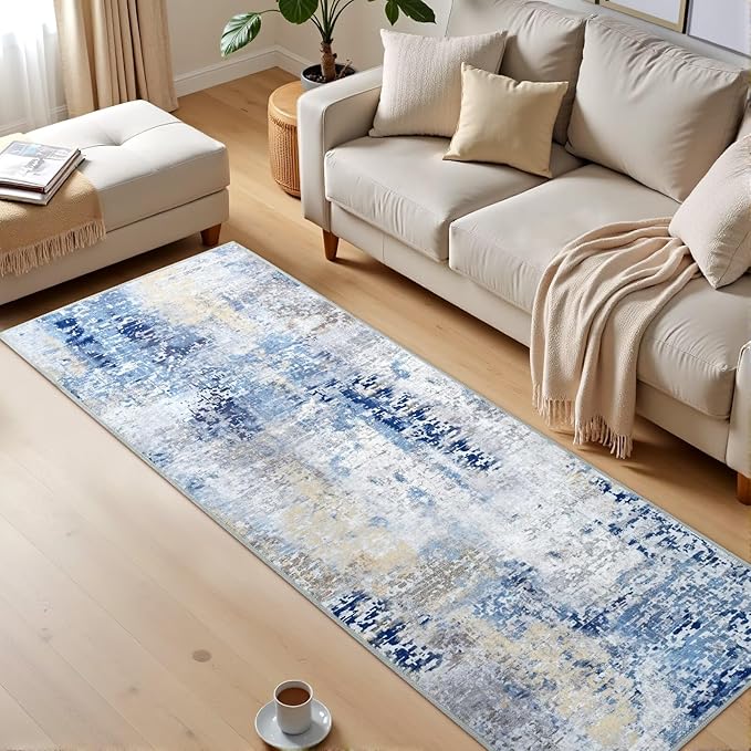 Washable Abstract Runner Rug, 2x6 Modern Area Rugs with Non-Slip Rubber Backed for Kitchen, Thin but Soft Contemporary Carpet Bedroom Entryway Hallway Decor, Midnight Blue
