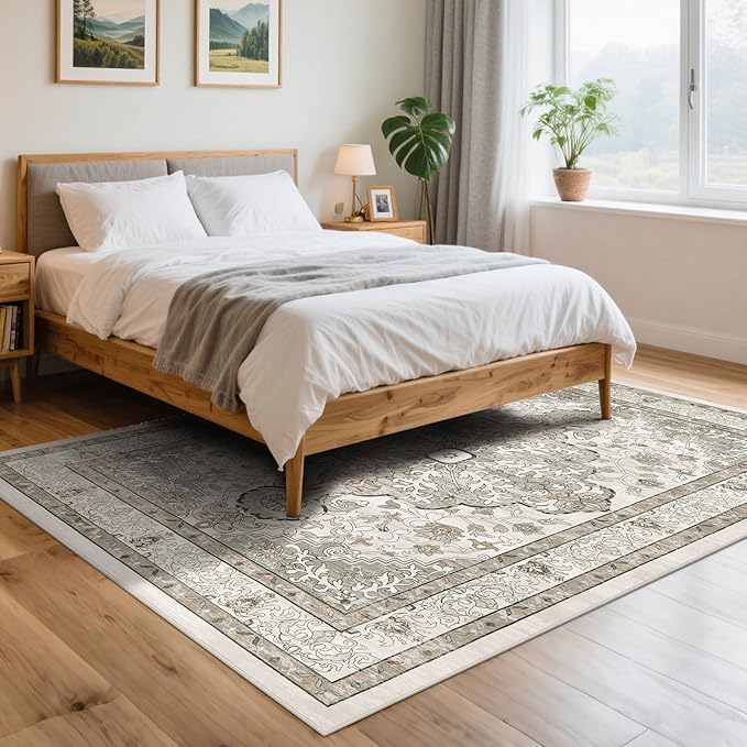 U'Artlines Boho Vintage Area Rug 5x7 Machine Washable Low Pile Soft Floor Carpet Non Slip Non Shedding Accent Rug for Living Room Bedroom Entryway Dining Room Office Grey Taupe