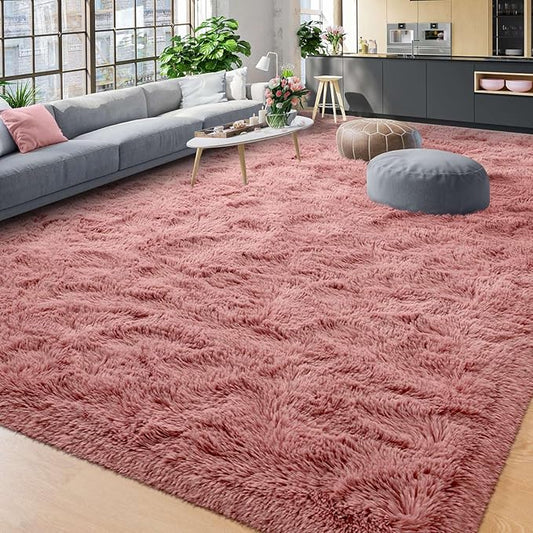 YJ.GWL Area Rugs for Living Room Bedroom, 9x12 Machine Washable Large Dirt Pink Carpet, Soft Fluffy Shaggy Thick Big Shag Indoor Floor Rug for Kids Boy and Girls Room Dorm Home Decor Aesthetic