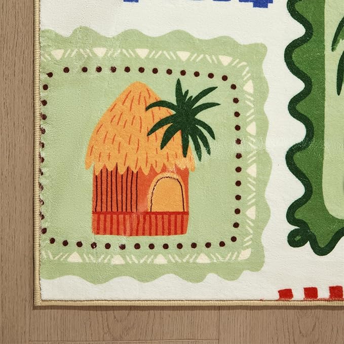 Tropical Poster Rug Washable, Modern Abstract Jungle Animals Summer Botanical Coastal Bathroom Rugs Non Slip, Green and Orange Cute Aesthetic 2x3 Throw Area Rugs for Bedroom Entryway Indoor Doormat