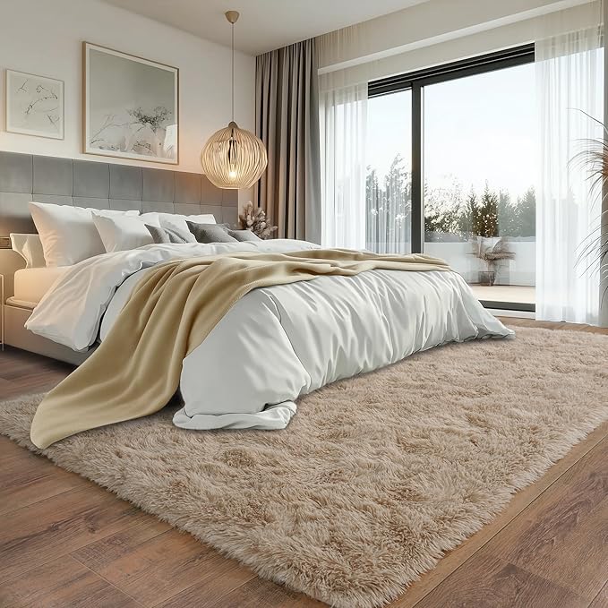 Beige Fluffy Rug for Bedroom 8x10 ft Large - Ultra Soft & Non Slip Shaggy Area Rug, Comfy Durable Carpet for Living Room Kids Room Teens Dorm Home Decor, 1.7'' Thick Indoor Plush Carpets