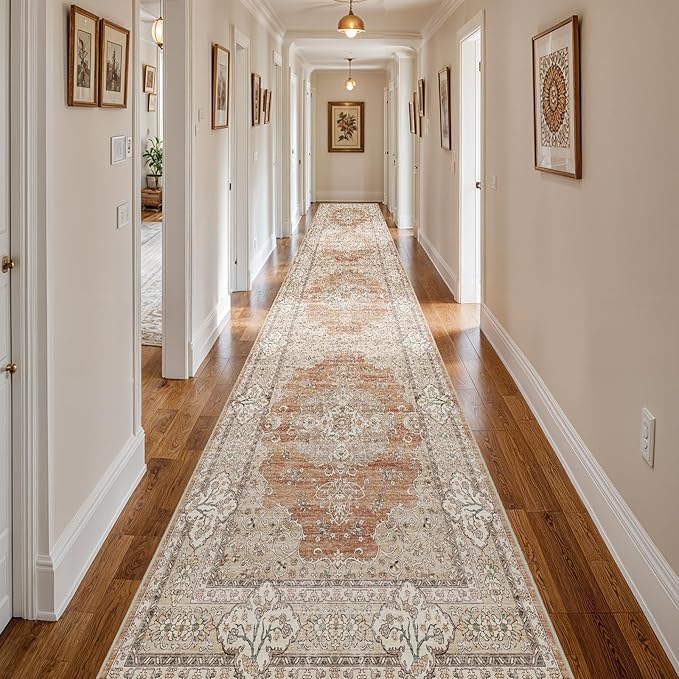 3x20 Runner Rug for Hallway Washable: Non Slip Kitchen Rugs with Rubber Backing Soft Waterproof Mats Stain Resistant Indoor Vintage Carpet Runner for Bedroom Bathroom Laundry Entryway Brick/Terracotta