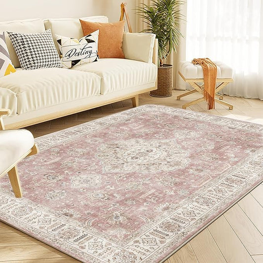 Yancorp 5'x7' Boho Area Rug for Bedroom Non Slip Washable Rug Vintage Carpet Living Room Non-Shedding Indoor Floor Mats Bedroom Kitchen Entryway Pink