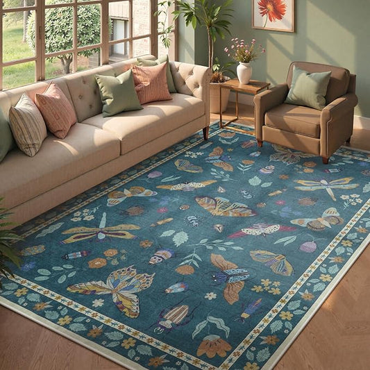 Beeiva Insect Print Area Rug 6x9, Washable Rugs for Living Room Non Slip, Soft Low Pile Ultra Thin Foldable Large Carpet for Office, Bedroom, Kids Room, Playroom - Dark Green