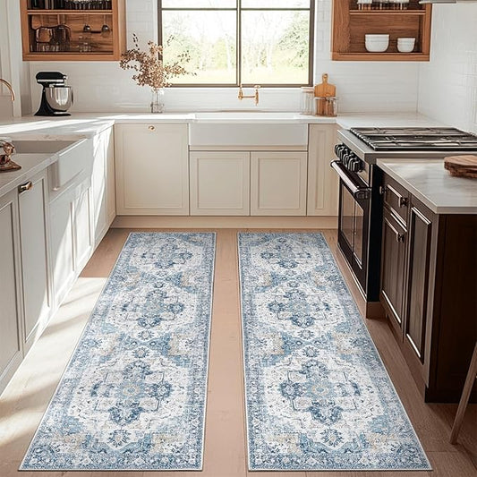 jinchan Runner Rug 2x10-2pcs Hallway Rug Kitchen Washable Runner Vintage Mat Retro Lightweight Non-Slip Floor Cover Distressed Thin Carpet for Entryway Bathroom Bedroom Laundry Room Stairway Blue