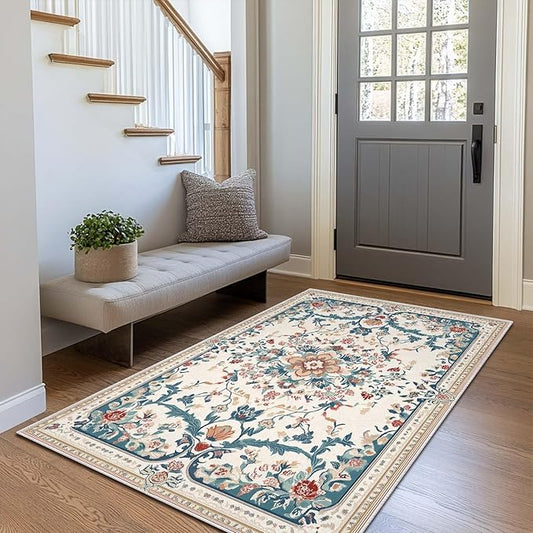 3x5 Entryway Rug Boho Beige Area Rug Indoor Entrance Non Slip Door Mat Stain Resistant Washable Machine Soft Low Pile Small Carpet Bathroom Kitchen