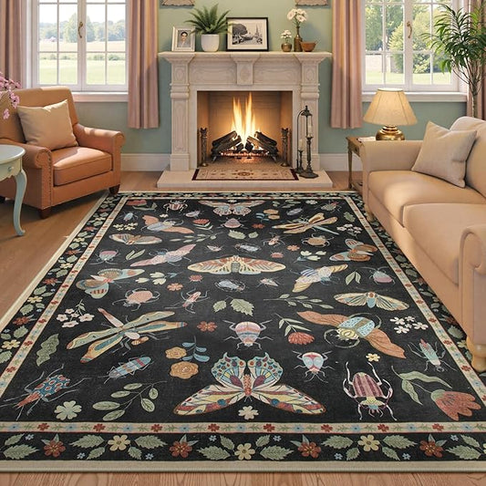 Beeiva Insect Print Rug 6x9, Machine Washable Area Rugs for Living Room, Boho Non Slip Low Pile Ultra Thin Foldable Large Carpet for Office, Bedroom, Playroom, Dining Room - Black