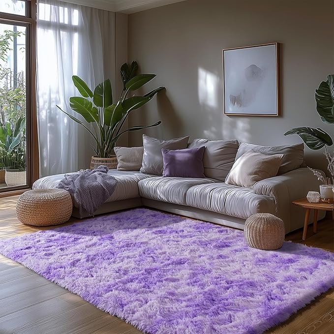 Zentavio Purple Rugs for Girls Room 5x8 Large Area Rugs for Living Room Carpet for Bedroom Washable Soft Fluffy Shag Aesthetic Plush High Pile Throw Rug for Nursery Kids Room Dorm Room Tie-Dyed