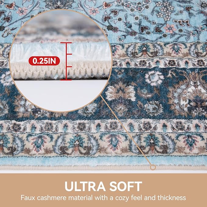 3x5 Area Rug, Washable Rugs for Living Room Bedroom Entryway Indoor Door mat, Vintage Boho Rugs Low-Pile Floor Carpet Light Blue